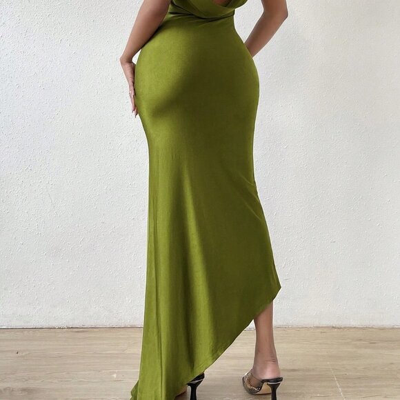 Olive Green Sexy Women's Draped Backless Split Thigh Dress - Picture 4 of 5